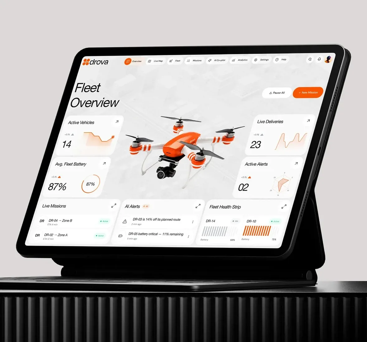 Drova, a drone fleet console on a tablet.